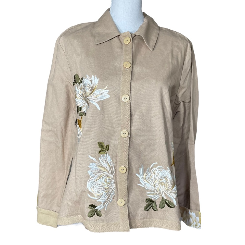 Floral Embroidered Jacket 14 Chrysanthemum 100% Cotton Khaki Beige Button-up